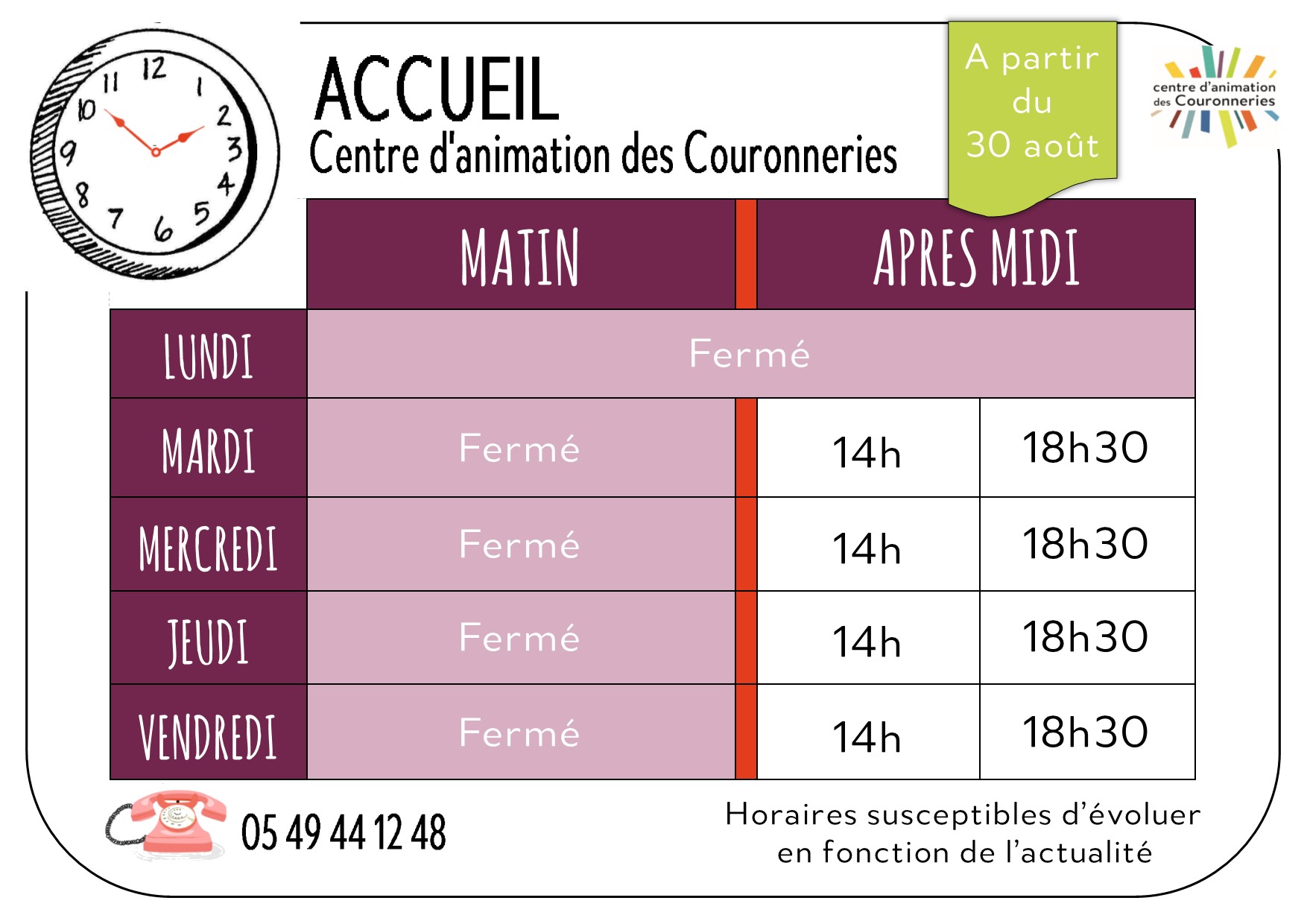 A4 Horaires ACCUEIL CAC septembre 2021